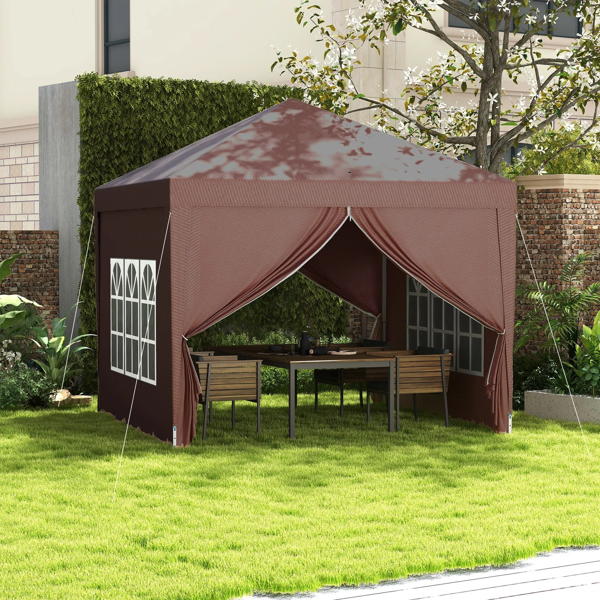 3 x 3m Pop Up Gazebo Wedding Party Canopy Tent Marquee with Carry Bag and Windows Coffee