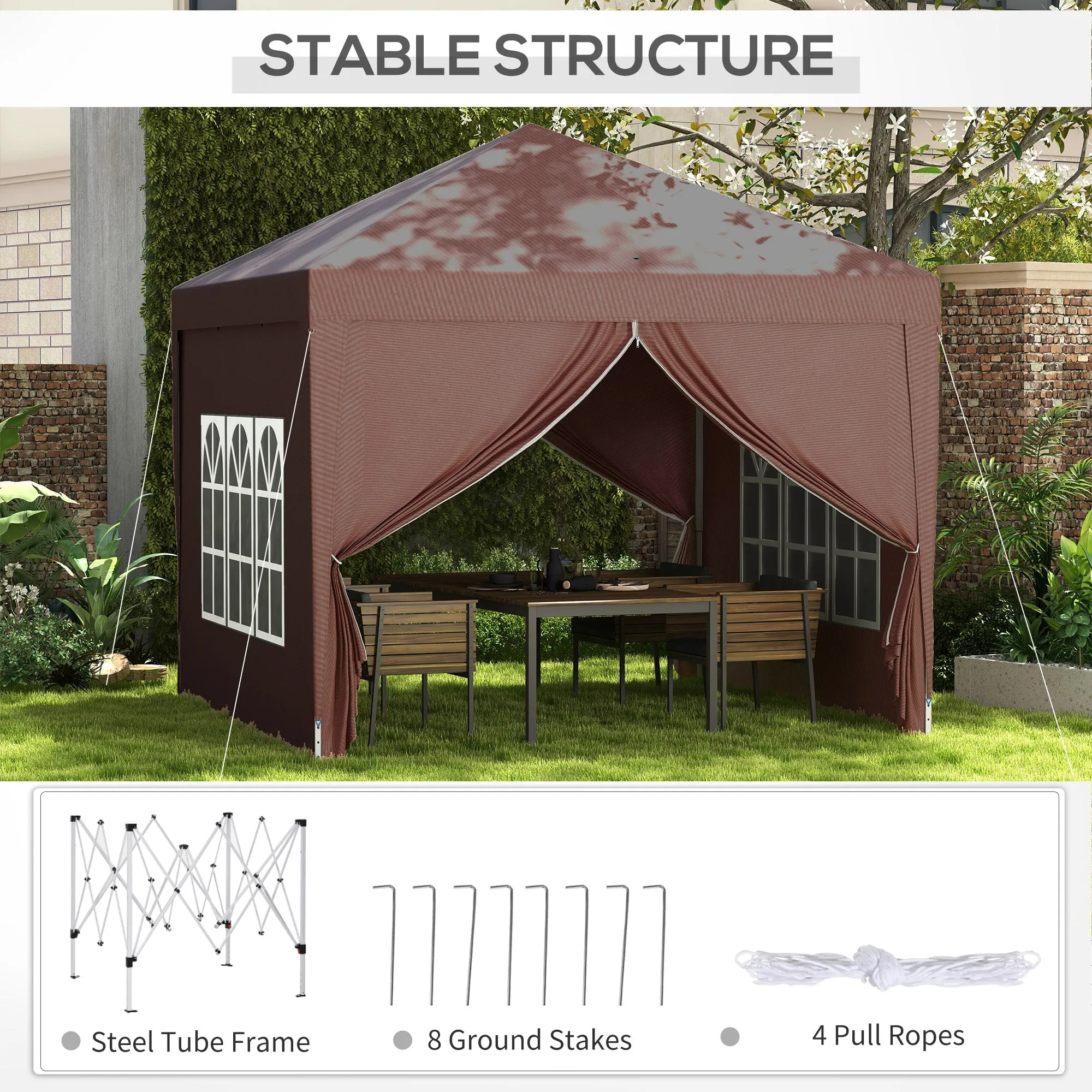 3 x 3m Pop Up Gazebo Wedding Party Canopy Tent Marquee with Carry Bag and Windows Coffee