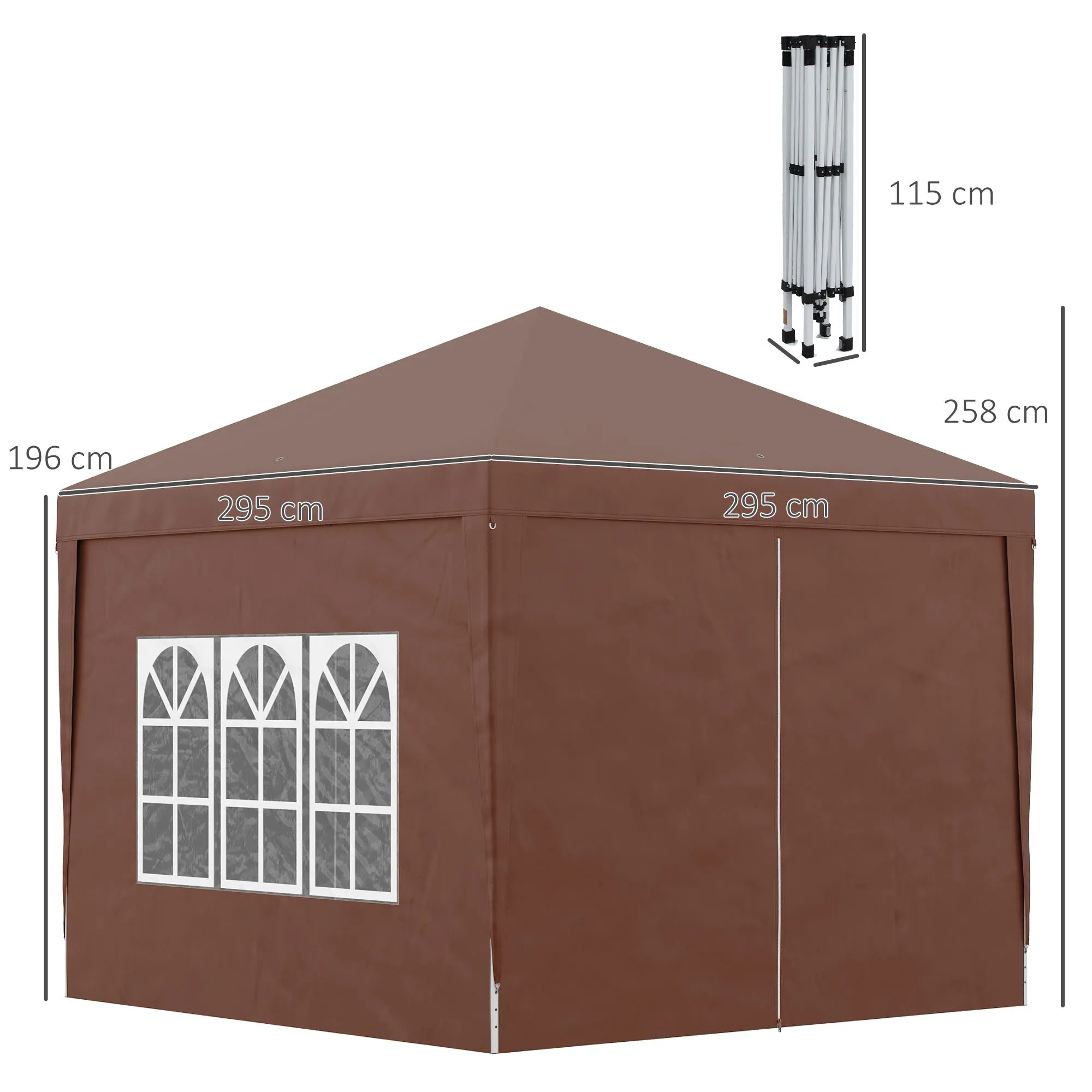 3 x 3m Pop Up Gazebo Wedding Party Canopy Tent Marquee with Carry Bag and Windows Coffee