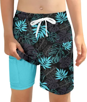 Boys Swim Trunks with Compression Liner for 6-20 Years Kids Quick Dry Bathing Suit