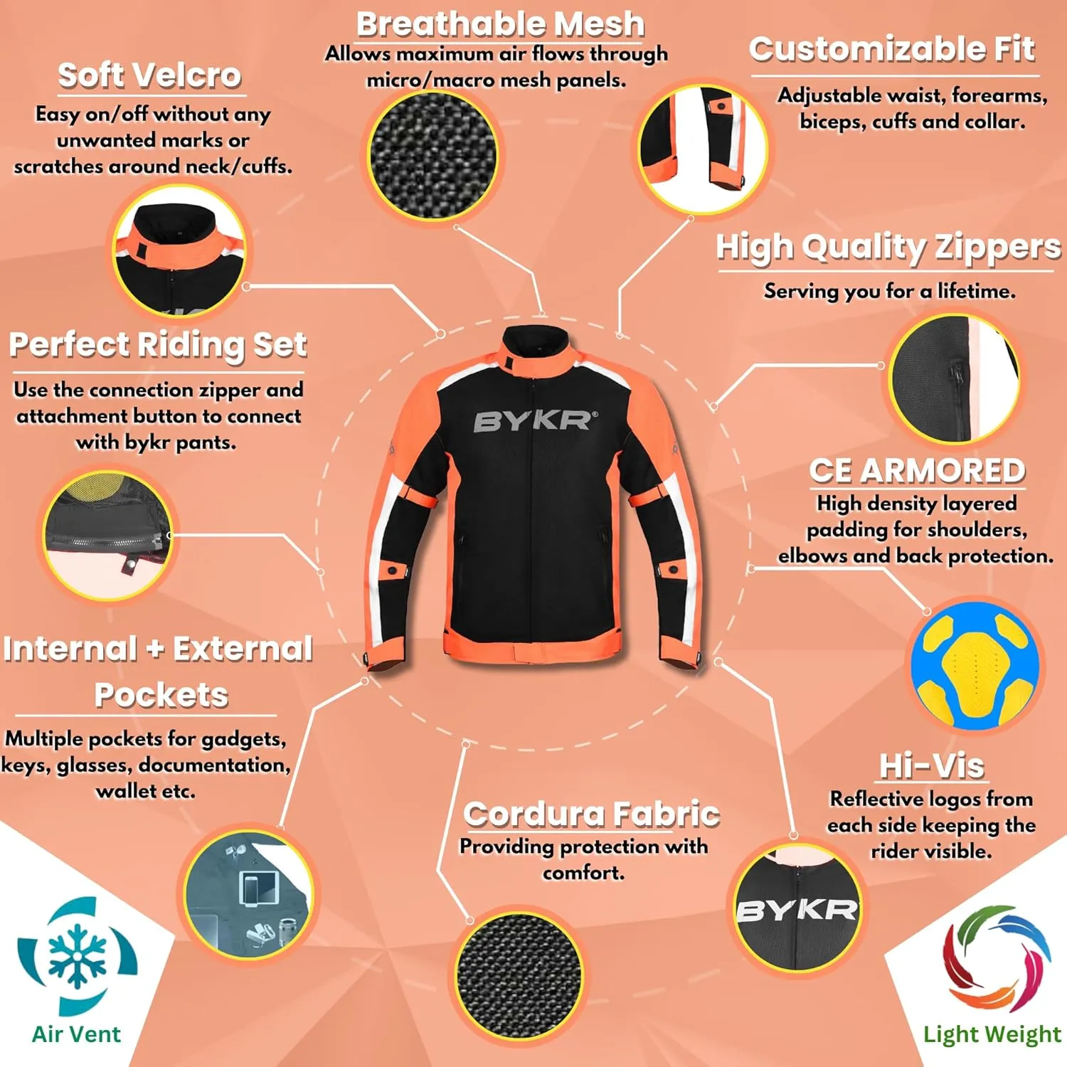 BYKR Mesh Motorcycle Jacket For Men Dual Sports Adventure Breathable Riding Protective Motorbike Jackets Enduro CE Armored