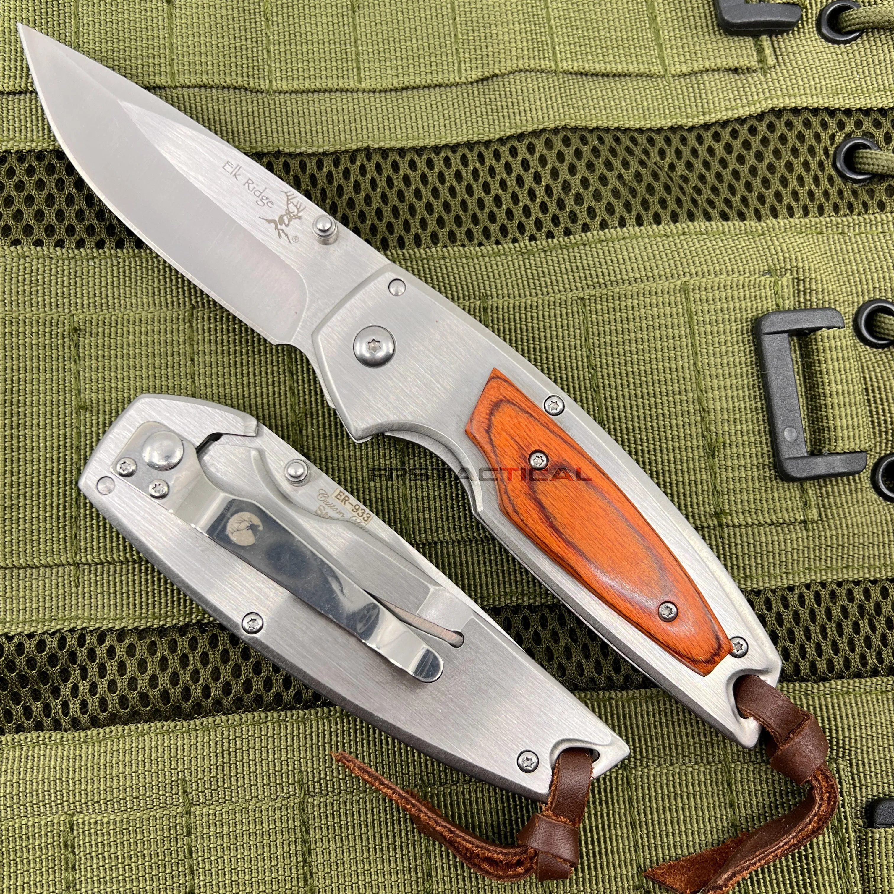 Elk Ridge Brushed Silver Manual Folding Pocket Knife w Redwood Overlay 3.5" ER-933PW