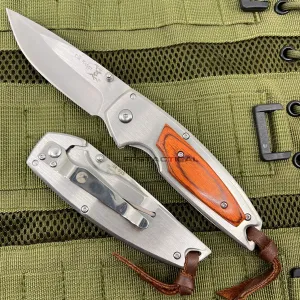Elk Ridge Brushed Silver Manual Folding Pocket Knife w Redwood Overlay 3.5" ER-933PW