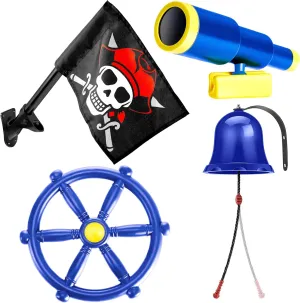 Junkin 4 Pcs Outdoor Playground Accessory Kids Pirate Playground Equipment Set Include Pirate Ship Wheel Flag Bell Telescope for Swing Set Playhouse Backyard Tree House(Blue)