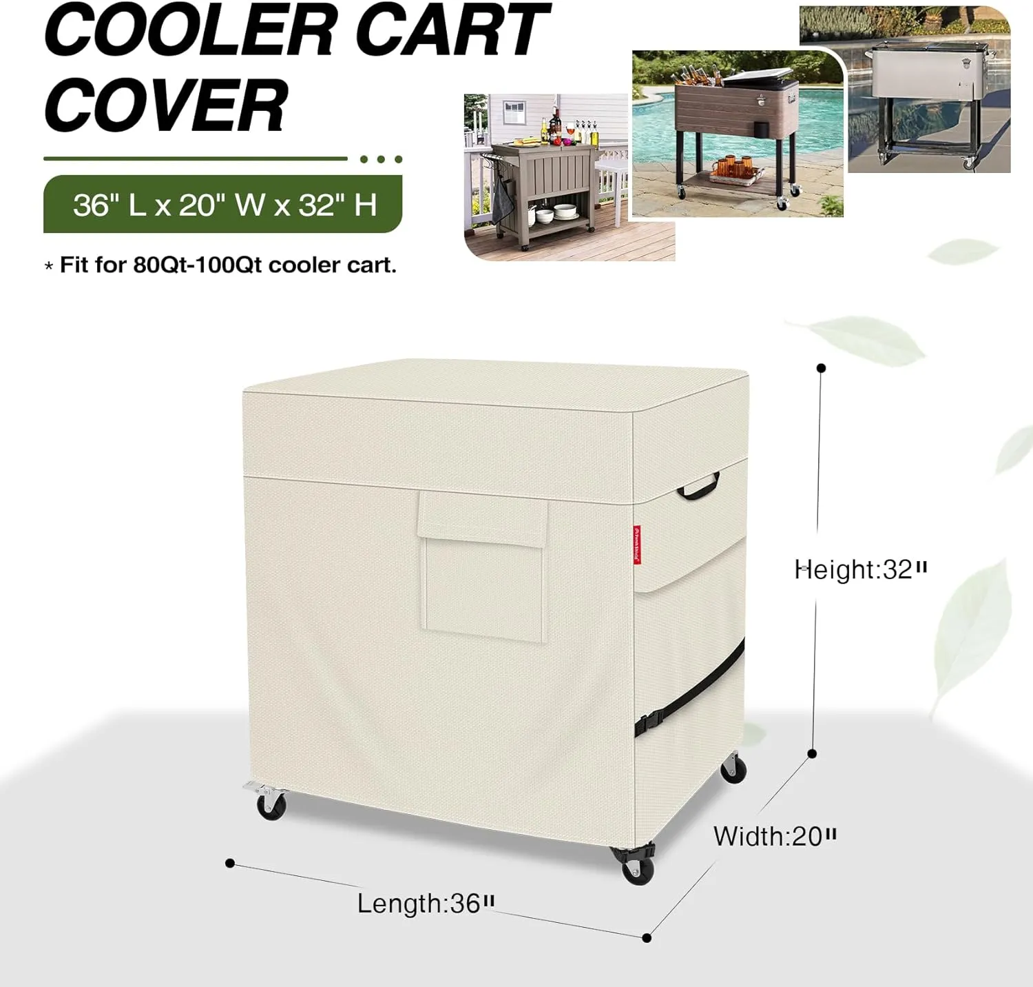 Porch Shield Waterproof Rolling 80-100 Qt Cooler Cart Cover Fits Most Patio Ice Chest Party Cooler (Light Tan, 36"L x 20"W x 32"H)
