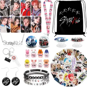 Stray Merch Gifts Set with Drawstring Bag, 8 Cartoon Badges, 50 Stickers, 8 Photocards, 3 Design Bracelet, Necklace, Earrings, Keychain, SKZ Lanyards, SKZ's Gift Merchandise for SKZ Fans