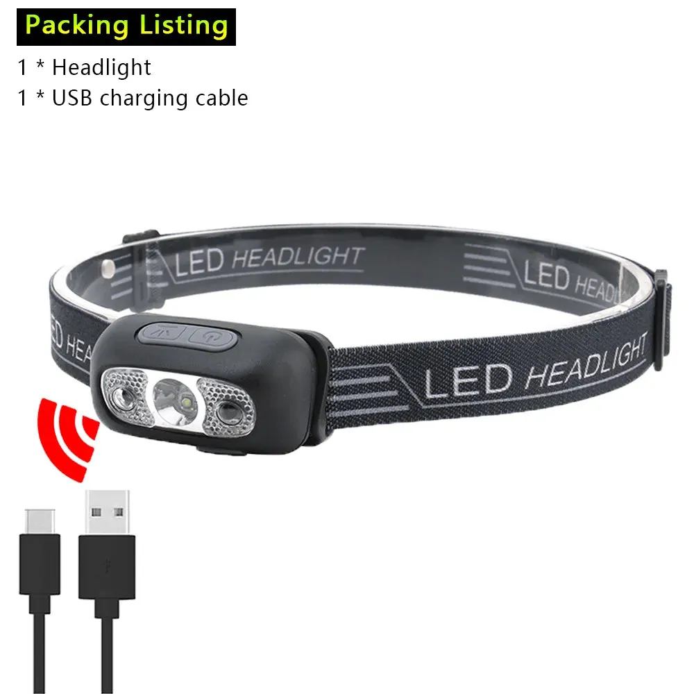 XIWANGFIRE Mini USB Rechargeable Headlamp Motion Sensor Headlight Camping Flashlight Head Light Torch Lamp with Built-in Batter