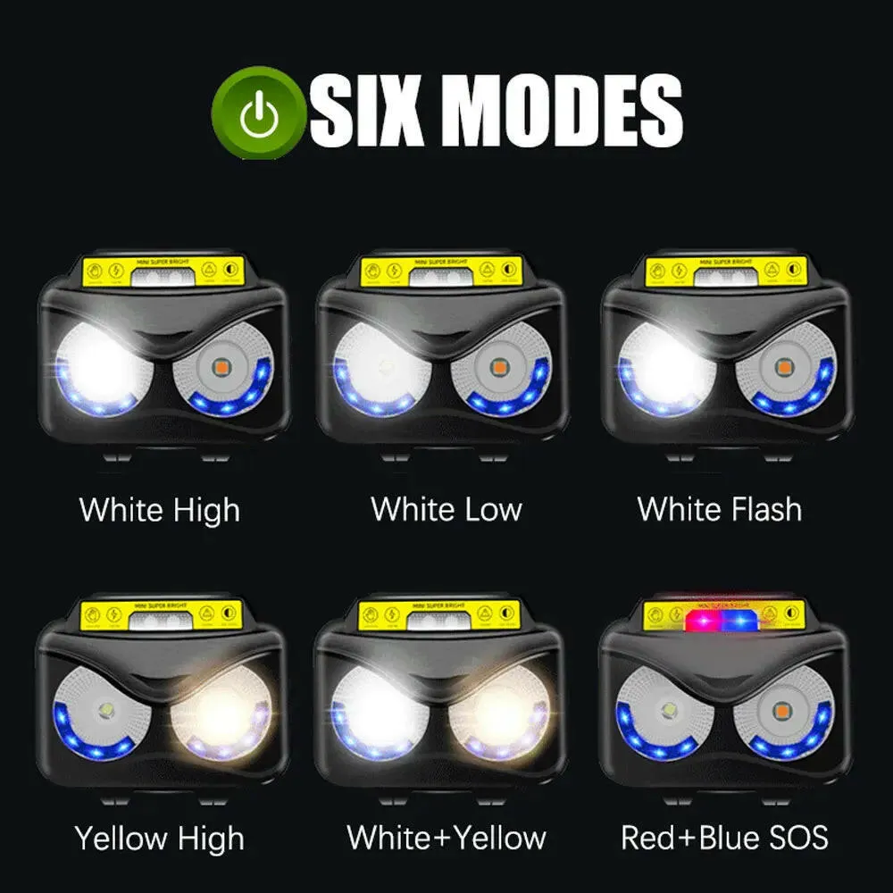 XPG COB White Yellow Light LED Headlamp Body Motion Sensor 6-Mode Red Blue Flash Headlight Rechargeable Torch Camping Hunting